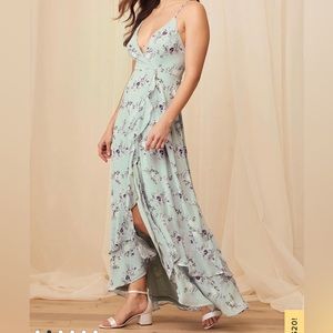 Lulus sage green floral lace up high low maxi dress